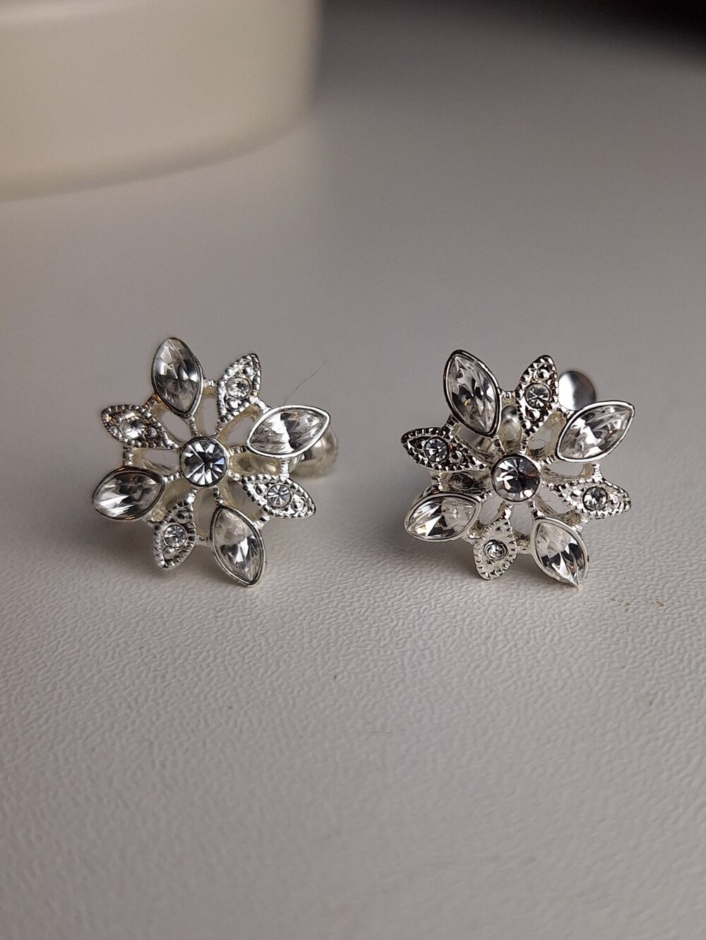 Silvertone Clip-on Earrings Cluster Marquise & Round Rhinestones 